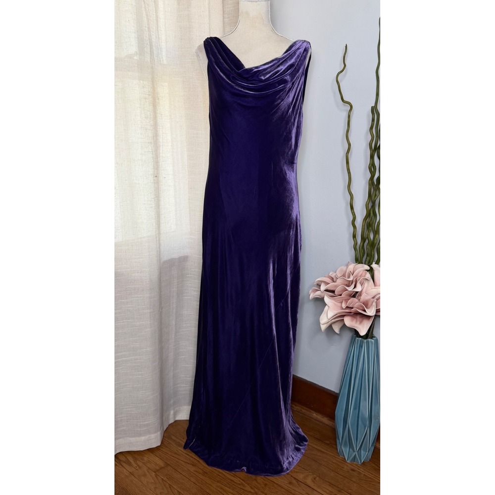J. Peterman Velvet Cowl Neck Maxi Dress Silk Rayon Gown Purple Women's Size 12